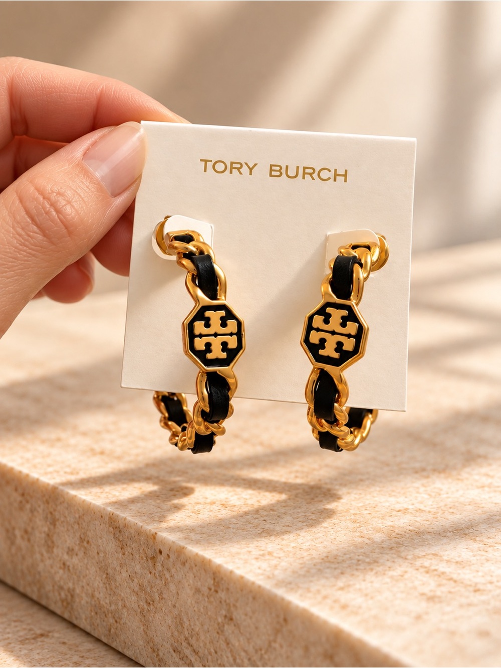 Tory Burch Marion Logo Hoop Earrings – Gold & Black New
